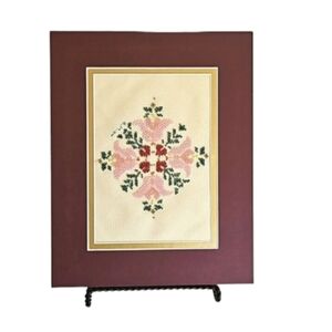 Hand Crafted Glass Beaded Art Floral Needlepoint Beadwork Pink Flower Framed